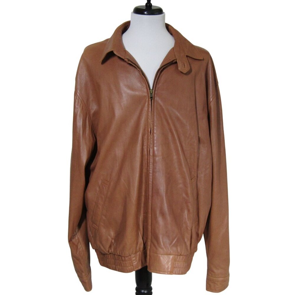 VTG NORTHWEAR mens 50 Tall Caramel Brown Leather Butter Soft Bomber Jacket